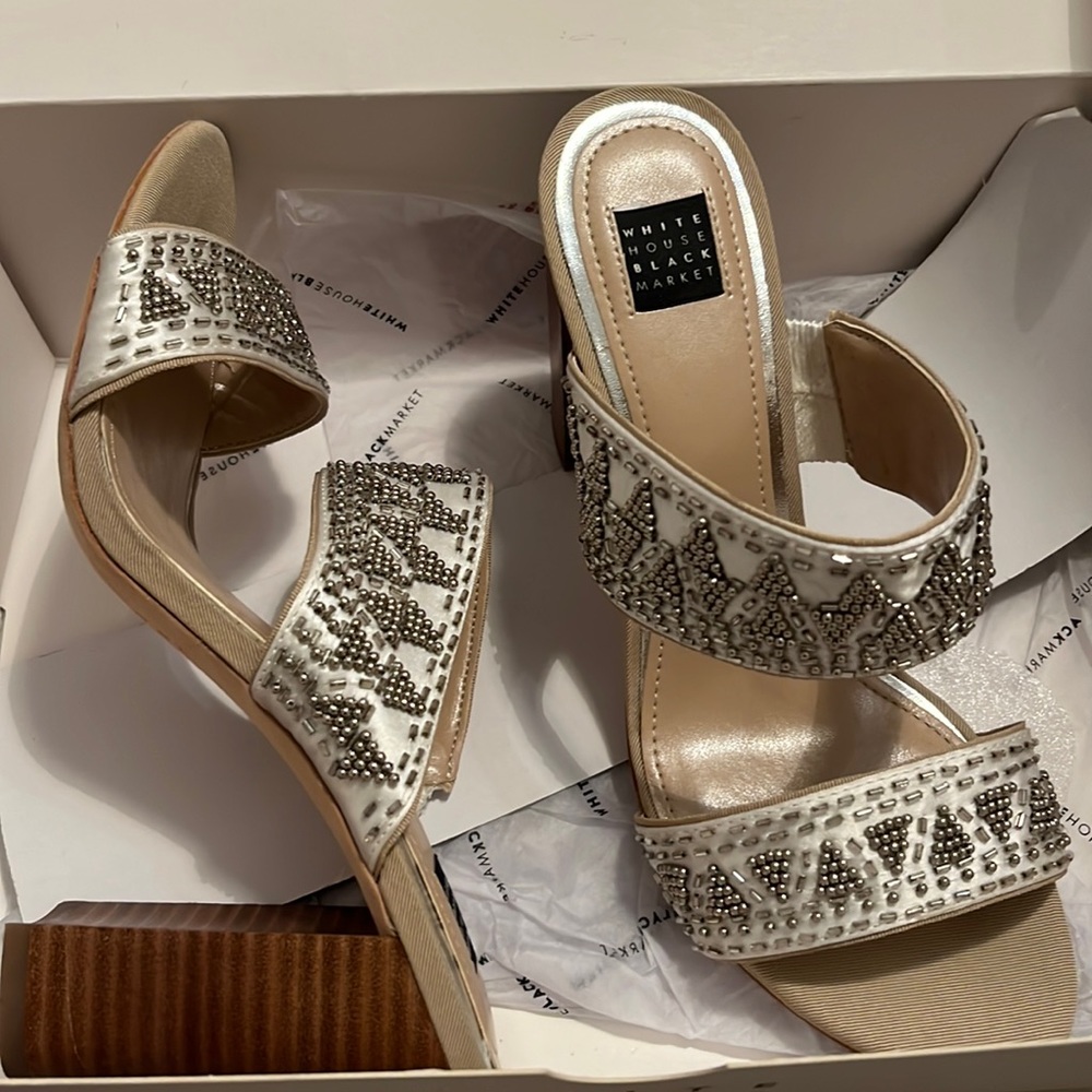 White House Black Market tan and silver heels. Size 8.